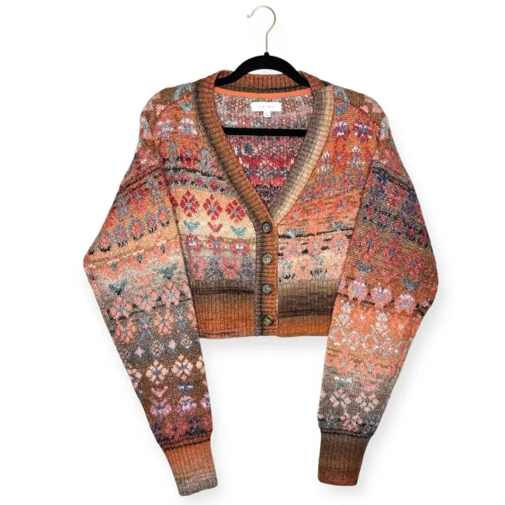 Cleo + Wolf Multicolor cropped fuzzy Knit Cardigan Sweater women’s size large - Picture 2 of 8